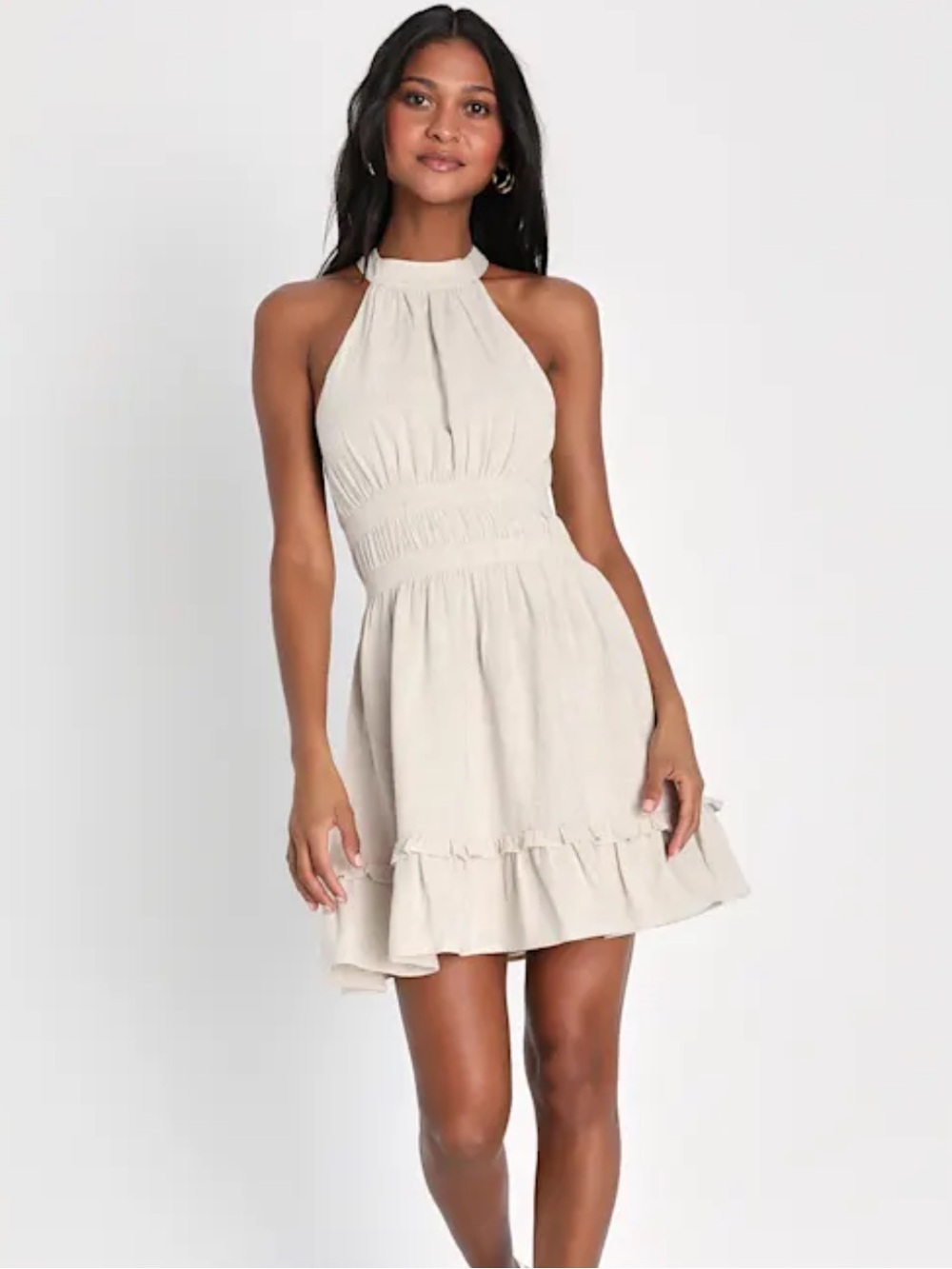 Lulu's Beige Linen Halter Ruffle Mini Dress